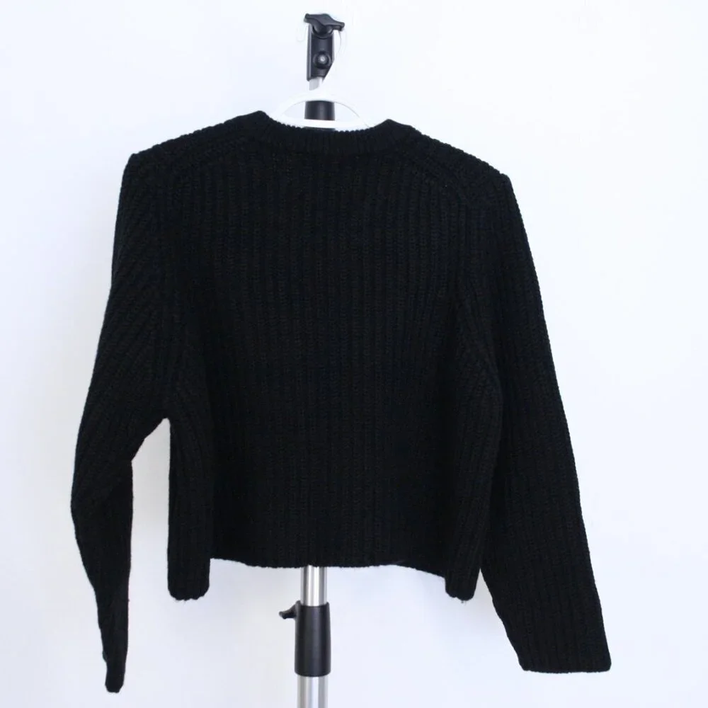 Zara‎ Black Rib Knit V-Neck Oversize Crop Sweater Sz M - Picture 6 of 10